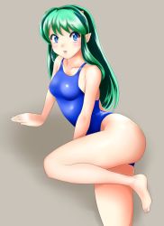 Rule 34 | 1girl, absurdres, arm support, barefoot, blue eyes, blue one-piece swimsuit, commentary request, competition swimsuit, cone horns, feet out of frame, green hair, highres, horns, lips, long hair, looking at viewer, lum, lying, makeup, nanao futaba, on side, one-piece swimsuit, pointy ears, solo, swimsuit, urusei yatsura