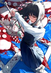 Rule 34 | 1girl, acf cfcf, arm up, black dress, black hair, black necktie, blood, blood on ground, bloody weapon, chainsaw man, collared shirt, dress, hair between eyes, highres, holding, holding sword, holding weapon, long hair, long sleeves, looking to the side, necktie, open mouth, pinafore dress, red eyes, scar, scar on face, shadow, shirt, shoes, sleeveless, sleeveless dress, smile, solo, standing, sword, teeth, tentacles, tongue, weapon, white footwear, white shirt, yoru (chainsaw man)