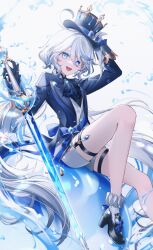 Rule 34 | 1girl, arm up, asymmetrical gloves, black footwear, black gloves, black straps, blue eyes, blue gemstone, blue hair, blue hat, drop-shaped pupils, furina (genshin impact), gem, genshin impact, gloves, grey hair, hair between eyes, hat, high heels, highres, holding, holding sword, holding weapon, leg up, light blue hair, long hair, long sleeves, looking at viewer, mismatched gloves, mismatched pupils, multicolored hair, open mouth, shorts, smile, socks, solo, splendor of tranquil waters (genshin impact), sword, symbol-shaped pupils, teeth, thigh strap, top hat, umeno shii, upper teeth only, weapon, white gloves, white shorts, white socks