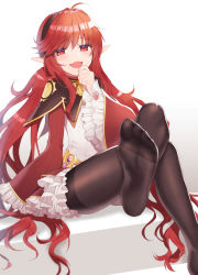Rule 34 | 1girl, black pantyhose, blush, crossed legs, dungeon and fighter, elementalist (dungeon and fighter), feet, hairband, highres, long hair, looking at viewer, mage (dungeon and fighter), open mouth, pantyhose, pointy ears, red eyes, red hair, sitting, soles, solo, toes, usamero