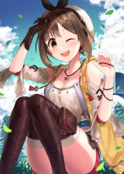 Rule 34 | 1girl, atelier (series), atelier ryza, atelier ryza 1, bare shoulders, blush, breasts, brown eyes, brown gloves, brown hair, cleavage, coconat summer, collarbone, commentary request, gloves, hair ornament, hairclip, hat, highres, jewelry, looking at viewer, medium breasts, necklace, one eye closed, open mouth, orange eyes, red shorts, reisalin stout, short shorts, shorts, single glove, sitting, smile, solo, star (symbol), star necklace, thighhighs, thighs