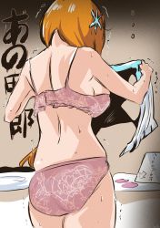 Rule 34 | 1girl, absurdres, ass, bleach, bra, breasts, female focus, from behind, highres, holding, holding clothes, holding shirt, inoue orihime, maxi, orange hair, panties, pink bra, pink panties, shirt, sideboob, sweat, text focus, translation request, trembling, underwear