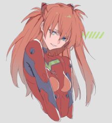 Rule 34 | 1girl, artist request, blue eyes, bodysuit, commentary, english commentary, grey background, highres, interface headset, long hair, looking at viewer, neon genesis evangelion, parted lips, pilot suit, plugsuit, red bodysuit, red hair, solo, souryuu asuka langley
