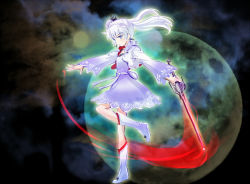 Rule 34 | 1girl, blue eyes, boots, full body, full moon, highres, holding, holding sword, holding weapon, iesupa, moon, rapier, rwby, scar, scar on face, side ponytail, silver hair, skirt, solo, sword, weapon, weiss schnee