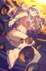 Rule 34 | 1girl, anklet, black hairband, breasts, bubble, corrin (fire emblem), fire emblem, fire emblem cipher, fire emblem fates, grey hair, grin, hairband, highres, jewelry, long hair, looking at viewer, medium breasts, nail polish, navel, nintendo, official alternate costume, pointy ears, red eyes, shell, shell bikini, smile, solo, spiffydc, swimsuit, teeth, toenail polish, toenails