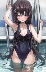 Rule 34 | 1girl, :o, armpits, arms up, bare arms, black hair, blush, breasts, cleavage, collarbone, commentary, competition swimsuit, covered navel, cowboy shot, front zipper swimsuit, hair between eyes, highleg, highleg swimsuit, highres, iseya chiyori (saya), long hair, looking at viewer, medium breasts, meme attire, one-piece swimsuit, open mouth, original, pool, pool ladder, purple eyes, saya (mychristian2), sidelocks, solo, standing, swimsuit, thigh gap, thighs, tile floor, tile wall, tiles, very long hair, wading, water, wet, wet hair