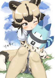 Rule 34 | 1girl, absurdres, african wild dog (kemono friends), african wild dog print, animal ears, black hair, blush, bow, bowtie, brown hair, closed mouth, collared shirt, denim, denim shorts, dog ears, dog tail, feet out of frame, fuzhuz, grass, grey eyes, highres, hug, kemono friends, knees up, layered sleeves, light brown hair, long sleeves, looking at another, lucky beast (kemono friends), medium hair, multicolored hair, on grass, on ground, one eye closed, print sleeves, shirt, short over long sleeves, short shorts, short sleeves, shorts, sitting, smile, tail, thighhighs, two-tone hair, upshorts, white shirt, wing collar