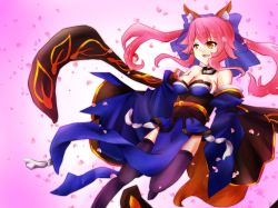 Rule 34 | 10s, 1girl, animal ears, bad id, bad pixiv id, bare shoulders, bow, breasts, cherry blossoms, cleavage, detached sleeves, fate/extra, fate (series), fox ears, hair bow, hair ribbon, japanese clothes, kommode, obi, petals, pink hair, purple thighhighs, ribbon, sash, smile, solo, tail, tamamo no mae (fate/extra), thighhighs, twintails, yellow eyes