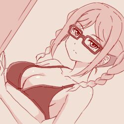 1girl bare_shoulders bikini blush braid breasts cleavage closed_mouth glasses growth170 long_hair looking_at_viewer love_live! love_live!_superstar!! medium_breasts monochrome onitsuka_tomari simple_background solo swimsuit twin_braids upper_body