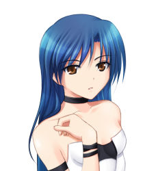 Rule 34 | 1girl, blue hair, brown eyes, collarbone, idolmaster, idolmaster (classic), kisaragi chihaya, kyo-second, long hair, simple background, solo, strapless, white background, yellow eyes
