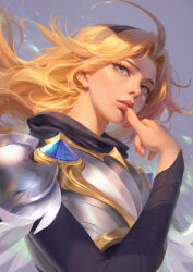 Rule 34 | 1girl, absurdres, armor, black bodysuit, black hairband, blonde hair, blue eyes, bodysuit, breastplate, chest armor, finger to face, flute (artist), hairband, highres, league of legends, long hair, lux (league of legends), parted lips, pauldrons, shoulder armor, solo, upper body