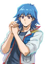 Rule 34 | 1boy, absurdres, blue hair, blue shirt, bruno (yu-gi-oh!), hands up, high collar, highres, jacket, male focus, open clothes, open jacket, own hands clasped, own hands together, purple eyes, shirt, short hair, simple background, sleeves rolled up, solo, t-shirt, upper body, white background, white jacket, youko-shima, yu-gi-oh!, yu-gi-oh! 5d&#039;s