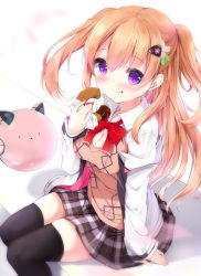 Rule 34 | 1girl, :q, alternate hair length, alternate hairstyle, black thighhighs, blurry, blurry background, blush, bow, breasts, cleavage, closed mouth, collared shirt, commentary request, depth of field, doughnut, eating, flower, food, food on face, gochuumon wa usagi desu ka?, grey skirt, hair between eyes, hair flower, hair ornament, hairclip, hand up, highres, holding, holding food, hood, hood down, hooded jacket, hoto cocoa, jacket, kouda suzu, light brown hair, long hair, medium breasts, open clothes, open jacket, petals, pink flower, plaid, plaid skirt, pleated skirt, purple eyes, red bow, robot, shirt, skirt, smile, solo, sweater vest, thighhighs, tongue, tongue out, two side up, very long hair, white jacket, white shirt