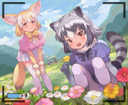 Rule 34 | 10s, 2girls, :d, animal ears, bad id, bad pixiv id, battery, bent over, black bow, black skirt, blonde hair, blue sky, blush, bow, bowtie, breasts, brown eyes, camera, common raccoon (kemono friends), day, dress, fang, fennec (kemono friends), flower, fox ears, fox tail, fur collar, gradient hair, grass, grey hair, half-closed eyes, hill, kemono friends, leaning forward, looking at viewer, medium breasts, mountain, multicolored hair, multiple girls, nature, open mouth, outdoors, panties, pantyhose, pantyshot, pepeto (cocoyuzumugi), pleated dress, raccoon ears, raccoon tail, sandstar, short hair, sitting, skirt, sky, smile, squatting, standing, tail, taking picture, thighhighs, two-tone hair, underwear, viewfinder, white legwear, white skirt, yellow bow