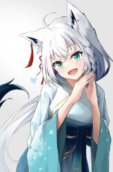 Rule 34 | 1girl, absurdres, ahoge, animal ear fluff, animal ears, blue kimono, braid, commentary request, earrings, fox ears, fox girl, fox tail, green eyes, hair between eyes, hair ornament, heart, highres, hololive, japanese clothes, jewelry, kimono, long hair, looking at viewer, open mouth, own hands together, revision, shirakami fubuki, shirakami fubuki (new year), sidelocks, simple background, single braid, smile, solo, tail, unknown (riseillustrator), virtual youtuber, white background, white hair, white kimono