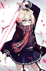 Rule 34 | 1girl, arm up, artoria pendragon (fate), bad id, bad pixiv id, black-framed eyewear, black coat, blonde hair, closed mouth, coat, cowboy shot, duffel coat, empty eyes, fate/grand order, fate (series), garter straps, green night, hair between eyes, highres, holding, holding sword, holding weapon, legs apart, long sleeves, miniskirt, mysterious heroine x alter (fate), mysterious heroine x alter (first ascension) (fate), navel, open clothes, open coat, plaid, plaid scarf, pleated skirt, purple skirt, red scarf, scarf, semi-rimless eyewear, short hair, skirt, solo, sword, under-rim eyewear, weapon, yellow eyes
