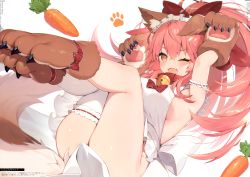 Rule 34 | 1girl, absurdres, animal ear fluff, animal ears, animal hands, apron, bell, blush, bow, breasts, brown eyes, carrot, collar, convenient censoring, fangs, fate/grand order, fate (series), food, fox ears, fox girl, fox tail, gloves, highres, huge filesize, jingle bell, long hair, looking at viewer, medium breasts, muryotaro, neck bell, one eye closed, open mouth, paw gloves, paw shoes, pink hair, scan, shiny skin, shoes, simple background, single thighhigh, skin fangs, sleeveless, smile, solo, tail, tamamo (fate), tamamo cat (fate), thighhighs, thighs, white background, white thighhighs