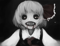 Rule 34 | 1girl, black sclera, blood, colored sclera, creepy, embodiment of scarlet devil, evil grin, evil smile, female focus, glowing, glowing eyes, greyscale, grin, hair ribbon, horror (theme), monochrome, necktie, ribbon, rumia, sharp teeth, smile, solo, teeth, touhou, what, yoshinome
