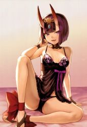 Rule 34 | 1girl, :d, absurdres, ankle ribbon, arm at side, arm support, barefoot, barefoot sandals (jewelry), blunt bangs, bob cut, bow, breasts, bridal gauntlets, chemise, circlet, detached collar, eyeliner, fangs, fate/grand order, fate (series), gradient background, hand up, headpiece, highres, hikimayu, horns, leg ribbon, lingerie, looking at viewer, makeup, mashuu (neko no oyashiro), navel, open mouth, panties, purple eyes, purple hair, purple panties, ribbon, scan, see-through, short eyebrows, short hair, shuten douji (fate), simple background, sitting, skin-covered horns, small breasts, smile, solo, spread legs, underwear, underwear only