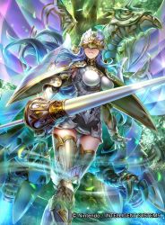 Rule 34 | 1girl, armor, blue hair, breasts, closed mouth, company name, copyright name, fire emblem, fire emblem cipher, gauntlets, helmet, lance, long hair, medium breasts, nintendo, official art, polearm, sheeda (gir#fe), solo, taneda kazuhiro, thighhighs, tokyo mirage sessions fe, weapon