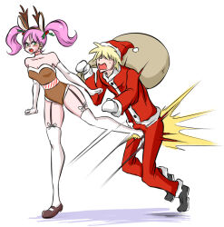 1boy 1girl antlers bag ball_busting crotch_kick kicking ocigart reindeer_antlers santa_costume