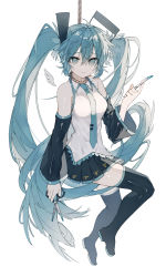Rule 34 | 1girl, absurdres, black footwear, black skirt, black sleeves, black thighhighs, blue eyes, blue hair, blue necktie, boots, closed mouth, collared shirt, commentary, deep (deep4946), detached sleeves, english commentary, full body, hatsune miku, highres, holding, holding knife, holding scissors, knife, long hair, necktie, no pupils, noose, pleated skirt, rope around neck, scissors, shirt, simple background, skirt, sleeveless, sleeveless shirt, smile, solo, thigh boots, thighhighs, twintails, very long hair, vocaloid, white background, white shirt