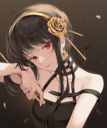 Rule 34 | 1girl, bare shoulders, black background, black hair, breasts, cleavage, closed mouth, collarbone, gradient background, hair ornament, highres, light smile, long hair, looking at viewer, medium breasts, red eyes, sleeveless, spy x family, uosaasou, upper body, yor briar