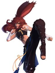 Rule 34 | 1girl, absurdres, animal ears, arm tattoo, warrior of light (ff14), bandaged hand, bandages, blue eyes, breasts, brown hair, clenched hand, commission, dark-skinned female, dark skin, final fantasy, final fantasy xiv, highres, leg up, long hair, looking at viewer, medium breasts, midriff, monk (final fantasy), navel, noroiju, rabbit ears, sleeveless, smile, solo, standing, standing on one leg, tattoo, toeless footwear, toes, viera, white background, wrist wrap
