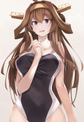Rule 34 | 1girl, absurdres, ahoge, bare arms, bare shoulders, beisaku bei, black one-piece swimsuit, blush, breasts, brown hair, collarbone, competition swimsuit, double bun, hair between eyes, hair bun, hairband, headgear, highres, kantai collection, kongou (kancolle), kongou kai ni (kancolle), large breasts, long hair, one-piece swimsuit, purple eyes, solo, swimsuit, upper body