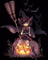 Rule 34 | 1girl, bat (animal), belt, bloomers, blue eyes, broom, cape, full body, haccan, halloween, hat, jack-o&#039;-lantern, pumpkin, red hair, solo, transparent background, underwear, witch, witch hat