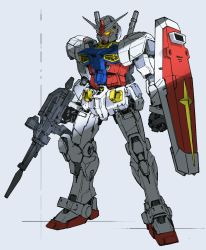 Rule 34 | 1other, absurdres, beam rifle, clenched hand, energy gun, full body, glowing, glowing eyes, gun, gundam, highres, holding, holding gun, holding shield, holding weapon, jnt, joints, mecha, mobile suit, mobile suit gundam, no humans, robot, robot joints, rx-78-2, scope, shield, solo, standing, weapon, white background, yellow eyes