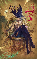 Rule 34 | 1girl, blonde hair, blue eyes, breasts, cane, cleavage, curly hair, fantasy, hat, highres, large breasts, lips, long hair, magic, original, platform footwear, sitting, skin tight, skull, solo, suke akurou, throne, witch, witch hat