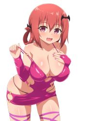 Rule 34 | 1girl, alternate breast size, bad id, bad pixiv id, bare shoulders, bat hair ornament, blush, bodycon, breasts, cleavage, cowboy shot, dress, fang, framed breasts, gabriel dropout, hair ornament, hair rings, highres, hip vent, large breasts, leaning forward, looking at viewer, microdress, nail polish, nyaroon, open mouth, red hair, revealing clothes, satanichia kurumizawa mcdowell, shiny clothes, short dress, skin tight, smile, solo
