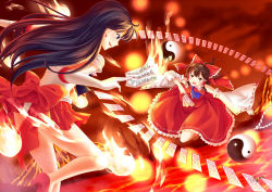 Rule 34 | 2girls, bishoujo senshi sailor moon, black eyes, black hair, bow, brown hair, color connection, crossover, detached sleeves, dress, elbow gloves, fire, full body, gloves, gohei, hakurei reimu, half updo, high heels, hino rei, japanese clothes, long hair, magical girl, miko, multiple girls, ofuda, pleated skirt, red dress, red skirt, ribbon, sailor mars, satou rina, voice actor connection, shoes, short hair, signature, skirt, smile, tiara, touhou, trait connection, villyane, white gloves, yin yang