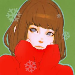 Rule 34 | 1girl, bad id, bad tumblr id, blue eyes, blunt bangs, brown hair, closed mouth, green background, ilya kuvshinov, lips, long sleeves, looking at viewer, no pupils, red sweater, short hair, simple background, sleeves past wrists, snowflakes, solo, sweater, turtleneck, turtleneck sweater, upper body
