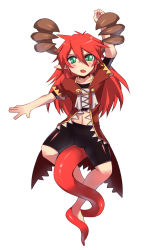 Rule 34 | 1boy, alchemist (ragnarok online), alternate costume, antlers, arm up, bike shorts, black shirt, blush, coat, commentary request, crop top, emon-yu, full body, green eyes, hair between eyes, horns, long hair, looking at viewer, male focus, open mouth, pointy ears, ragnarok online, red coat, red hair, shirt, short sleeves, simple background, slit pupils, solo, tail, white background