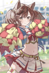 Rule 34 | 1girl, animal ears, belt, blurry, blurry background, blush, brown eyes, brown hair, cheerleader, closed mouth, commentary, confetti, cowboy shot, hair between eyes, hair ornament, highres, holding, holding pom poms, horse ears, horse girl, jacket, looking at viewer, midriff, navel, nice nature (run&amp;win) (umamusume), nice nature (umamusume), official alternate costume, pom pom (cheerleading), pom poms, raria (reisui25 raria), signature, smile, solo, twintails, umamusume