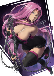 Rule 34 | 1girl, absurdres, bare shoulders, black dress, black thighhighs, breasts, chain, cleavage, collar, commission, detached sleeves, dress, facial mark, fate/stay night, fate (series), female focus, forehead, forehead mark, highres, large breasts, long hair, looking at viewer, matching hair/eyes, medusa (fate), medusa (rider) (fate), nameless dagger (fate), packge, parted bangs, pixiv commission, purple eyes, purple hair, short dress, sidelocks, solo, thighhighs, thighs, very long hair