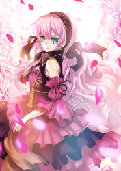 Rule 34 | 1girl, bare shoulders, blue eyes, corset, cropped jacket, detached sleeves, dress, flower, frills, hair ribbon, hairband, highres, long hair, looking at viewer, megurine luka, mikoto (mio), orange rose, petals, pink dress, pink hair, puffy sleeves, ribbon, rose, smile, solo, strapless, strapless dress, vocaloid, wind