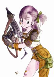 Rule 34 | 1girl, armor, bandaid, bandaid on cheek, bandaid on face, bow, brown gloves, brown pants, bulma, colored skin, dragon ball, gloves, goggles, goggles around neck, green bag, green bow, gun, hair bow, highres, holding, holding gun, holding weapon, kakeru (dbskakeru), looking at viewer, pants, pauldrons, purple eyes, purple hair, purple skin, shirt, shoulder armor, side ponytail, simple background, solo, toriyama akira (style), weapon, weapon request, white shirt