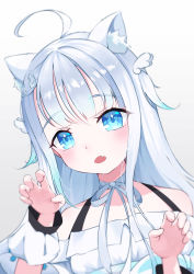 Rule 34 | 1girl, absurdres, ahoge, amatsuka uto, animal ear fluff, animal ears, bare shoulders, blue eyes, blue hair, cat ears, cat girl, detached sleeves, dress, fang, hair ornament, hairclip, halter dress, halterneck, highres, indie virtual youtuber, kemonomimi mode, long hair, looking at viewer, off-shoulder dress, off shoulder, open mouth, orenji26504286, ribbon, simple background, solo, twintails, virtual youtuber