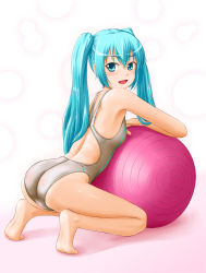 Rule 34 | 1girl, aqua eyes, aqua hair, ass, ball, barefoot, exercise ball, feet, female focus, hatsune miku, long hair, looking back, one-piece swimsuit, open mouth, soles, solo, swimsuit, tk4, twintails, vocaloid