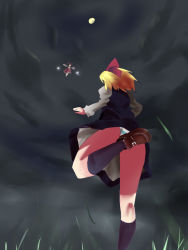 Rule 34 | 2girls, bad id, bad pixiv id, black socks, blonde hair, bow, detached sleeves, embodiment of scarlet devil, female focus, from behind, from below, grass, hair bow, hakurei reimu, kneehighs, large bow, loafers, long sleeves, multiple girls, murani, night, orb, outstretched arms, panties, rumia, shoes, sky, socks, spread arms, striped clothes, striped panties, touhou, underwear, upskirt, yin yang