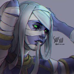 Rule 34 | 1girl, adjusting clothes, ana (overwatch), arms up, artist name, black sclera, chromatic aberration, colored sclera, eye of horus, eyelashes, facial tattoo, gorget, green eyes, highres, lips, mouth hold, mummy costume, nose, official alternate costume, overwatch, overwatch 1, pharaoh ana, scar, solo, suisui again, tattoo, twitter username, undead