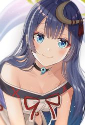 Rule 34 | 1girl, bad id, bad pixiv id, bare shoulders, bent over, black choker, blue eyes, blue hair, blurry, blush, breasts, choker, cleavage, closed mouth, collarbone, commentary request, copyright request, eyeshadow, glint, hair ornament, long hair, looking at viewer, makeup, medium breasts, myusha, off-shoulder shirt, off shoulder, original, shirt, sidelocks, smile, solo, tassel, very long hair, virtual youtuber