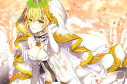 Rule 34 | 10s, 1girl, :d, adjusting hair, ahoge, areola slip, bad id, bad pixiv id, bare shoulders, belt, blonde hair, blurry, blurry background, blush, breasts, bridal veil, chain, cleavage, colored eyelashes, commentary, detached collar, detached sleeves, elbow gloves, fate/extra, fate/extra ccc, fate/grand order, fate (series), gloves, green eyes, hair between eyes, hand in own hair, head wreath, km (kyoma0), leotard, lock, long sleeves, looking at viewer, medium breasts, motion blur, nero claudius (bride) (fate), nero claudius (bride) (third ascension) (fate), nero claudius (fate), nero claudius (fate) (all), open mouth, outdoors, padlock, petals, short hair, smile, solo, strapless, strapless leotard, tree, tsurime, twitter username, veil, white gloves, white leotard, wide sleeves, wreath, zipper