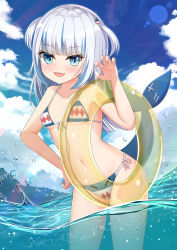 Rule 34 | 1girl, :d, aqua eyes, bare shoulders, beach, bikini, blue nails, blunt bangs, blush, breasts, claw pose, cloud, cloudy sky, collarbone, commentary request, cowboy shot, day, dutch angle, fang, female focus, fins, fish tail, from below, gawr gura, hair ornament, hand on own hip, hand up, highres, hololive, hololive english, horizon, innertube, leaning forward, lens flare, long hair, looking at viewer, multicolored hair, nail polish, navel, nc731, open mouth, outdoors, partially submerged, shark hair ornament, shark tail, silver hair, sky, small breasts, smile, solo, stomach, streaked hair, swim ring, swimsuit, tail, two side up, underwater, virtual youtuber, wading, water
