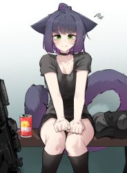 Rule 34 | 1girl, absurdres, alternate costume, animal ears, arknights, black choker, black hair, black shirt, black socks, breasts, can, cat ears, cat girl, cat tail, choker, closed mouth, collarbone, drink can, ears down, flying sweatdrops, gradient background, green eyes, grey background, gun, highres, jessica (arknights), jessica the liberated (arknights), k0ng, kneehighs, large breasts, long hair, looking down, multicolored hair, nervous smile, ponytail, purple hair, shirt, short sleeves, sitting, smile, socks, soda can, solo, tail, two-tone hair, weapon, white background
