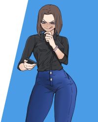 Rule 34 | 1girl, black shirt, blue background, blue eyes, blue pants, breasts, brown hair, cellphone, closed mouth, collared shirt, freckles, high-waist pants, highres, holding, holding phone, licking lips, looking at phone, medium hair, mole, mole under eye, pants, parted bangs, phone, samsung, samsung sam, shirt, smile, solo, tongue, tongue out, vulcan (ejel2000), watch, white background, wristwatch