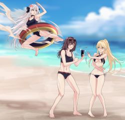 Rule 34 | 3girls, absurdres, annoyed, bare legs, bare shoulders, barefoot, beach, bikini, black bikini, blonde hair, blood, blush, breasts, brown eyes, brown hair, cleavage, collarbone, competition swimsuit, covering privates, covering breasts, earrings, eyewear on head, female commander (girls&#039; frontline), full body, girls&#039; frontline, green eyes, hair ribbon, highres, holding, holding phone, jewelry, kar98k (girls&#039; frontline), legs, long hair, looking at another, medium breasts, multiple girls, navel, nosebleed, ocean, one-piece swimsuit, open mouth, phone, ponytail, red eyes, ribbon, sand, silver hair, soles, standing, stg44 (girls&#039; frontline), stomach, summer, suprii, swimsuit, toes